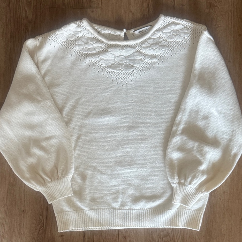 NAF NAF Cream Sweater with flower detail at neck line